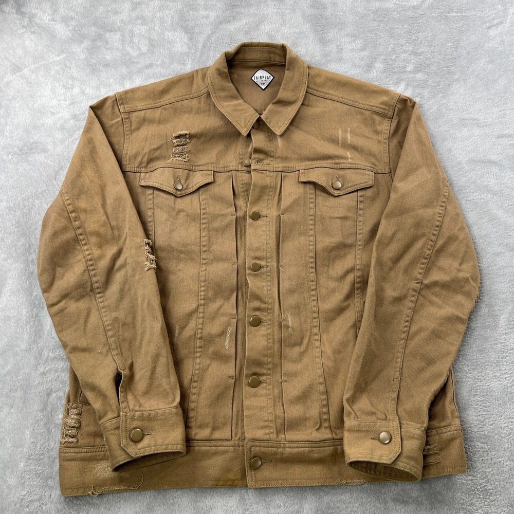 Fairplay Distressed Twill Trucker Jacket 2XL Tan Men Streetwear Ripped Rugged